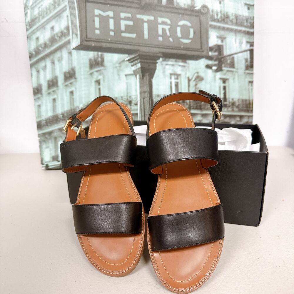 Coach Henny Leather Sandal Black Flat Slingback Sandals for Women Size 7.5 B